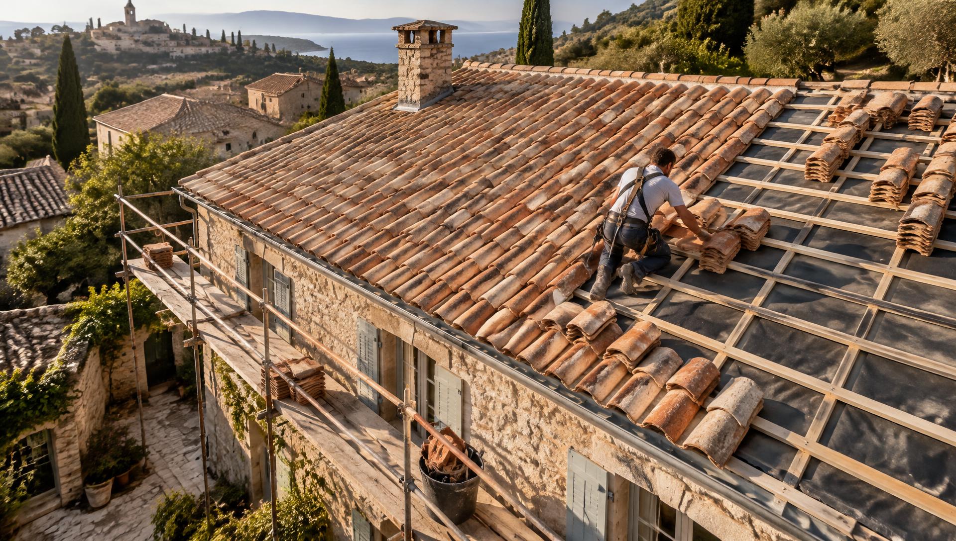 Chantier de rénovation de toiture en tuiles canal vu du ciel, avec échafaudage et couvreur en pose